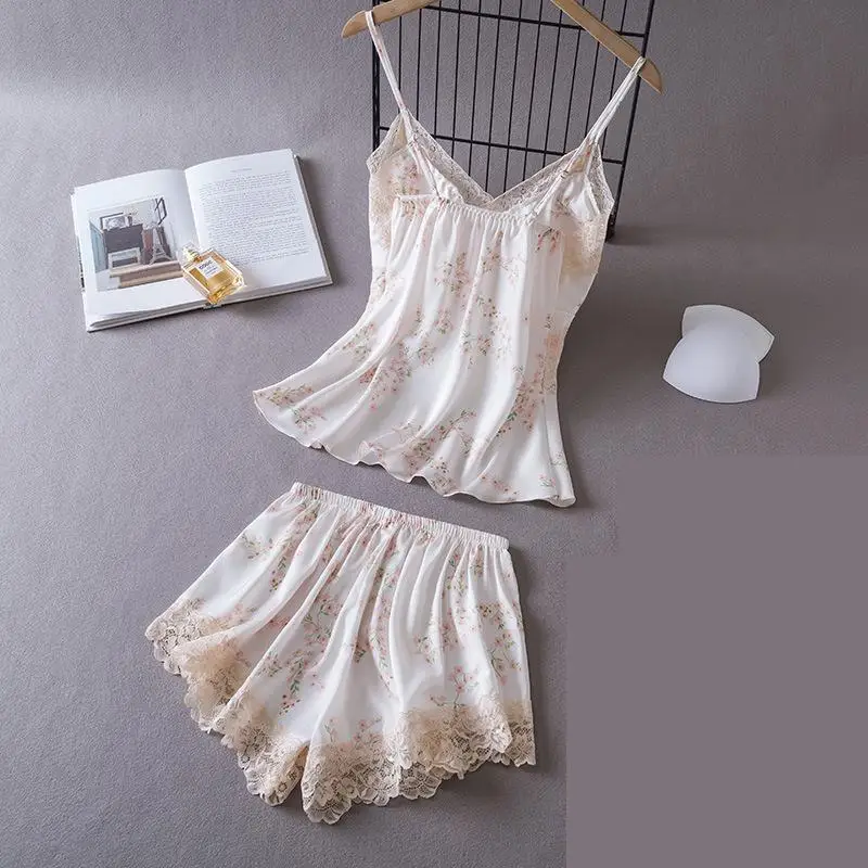 Summer New Suspender Pajamas Set Women Sleepwear Lingerie Sexy Print Lace Satin Nightwear Strap Top&shorts Pyjamas Sleep Suit