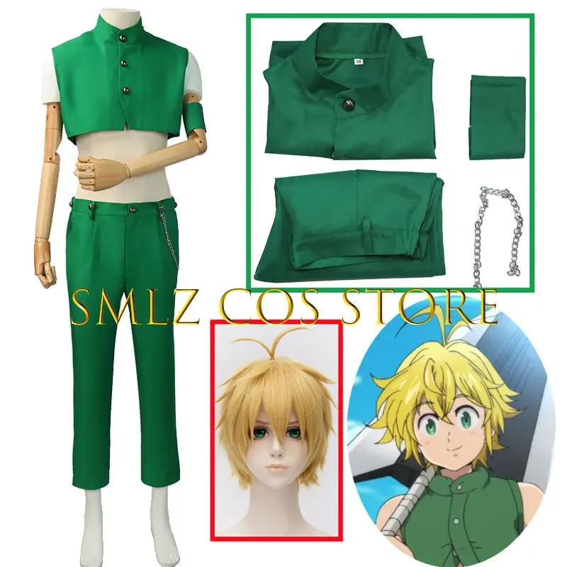 Stagione 3 Meliodas Cosplay Anime Sette Peccati Capitali Costume Cosplay Uomo Verde Top Pantaloni Parrucca Vestito Halloween Party Gioca Ruolo OA3540