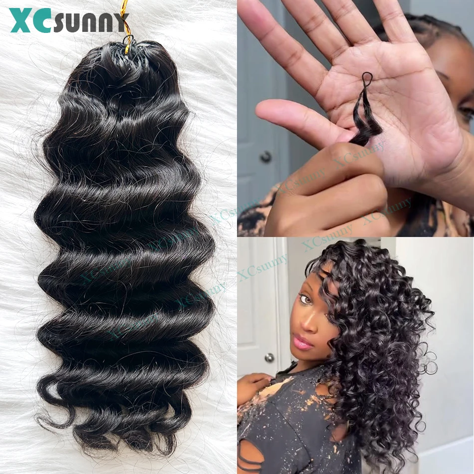 موجة عميقة ريشة الكروشيه الشعر البشري غير مرئية Knotless الكروشيه وصلات شعر بشري مع سلسلة في الأوسط قبل فصل #1