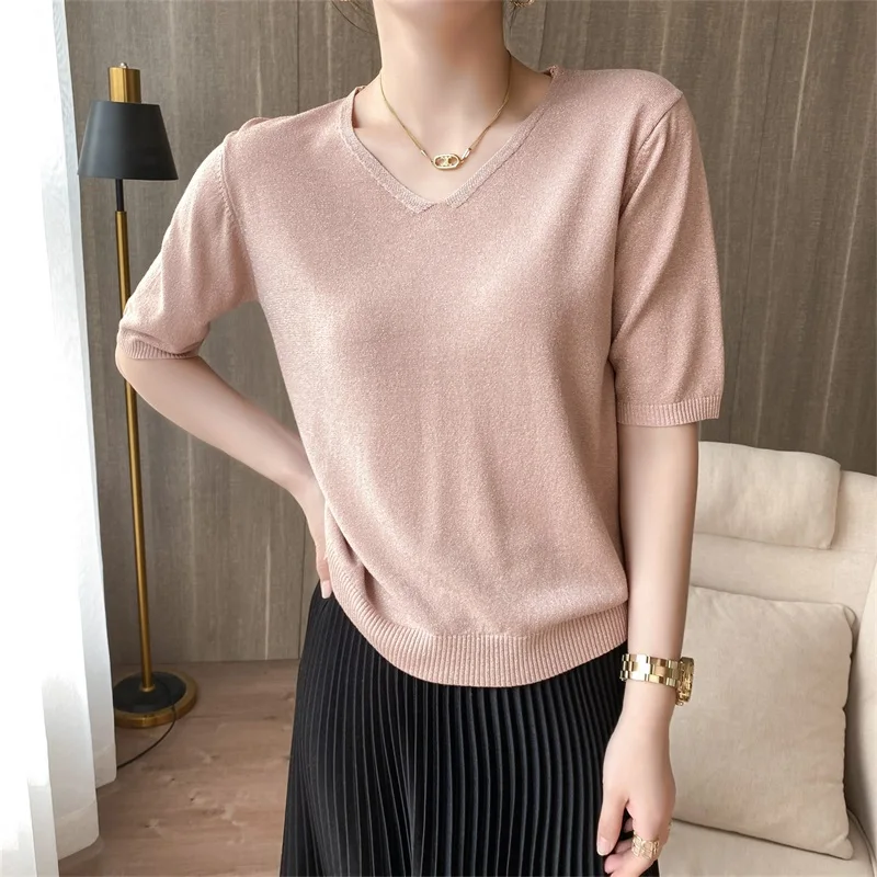 Spring Thin V-Neck Ice Silk Half Sleeve Women's Fashion Bright Thread Loose T-Shirt Trendy Base Shirt Inner Wear Vest Outerwear