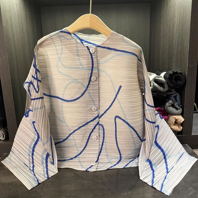 

Miyake Pleated Shirt Premium Sense Simplicity Striped Irregular Printed Cardigan Shirt 2025 New Casual Loose Long-sleeved Tops