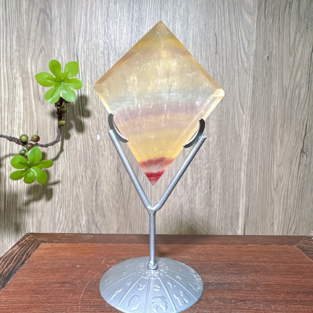 Natural Rainbow Suger Fluorite Green Fluorite Rhombus Shaped Ornaments Magic Mirror Diamond Crystal Handcraft Ornaments +Stand view 6