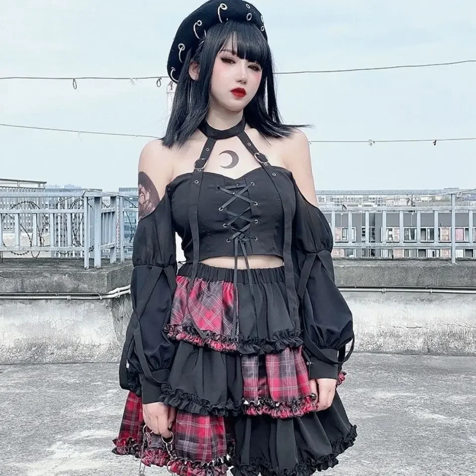 Authentic Gothic Lolita Black White Rose Dress Women Halloween Vampire Cosplay Party Dresses Vintage Sweet Punk Dark Dress