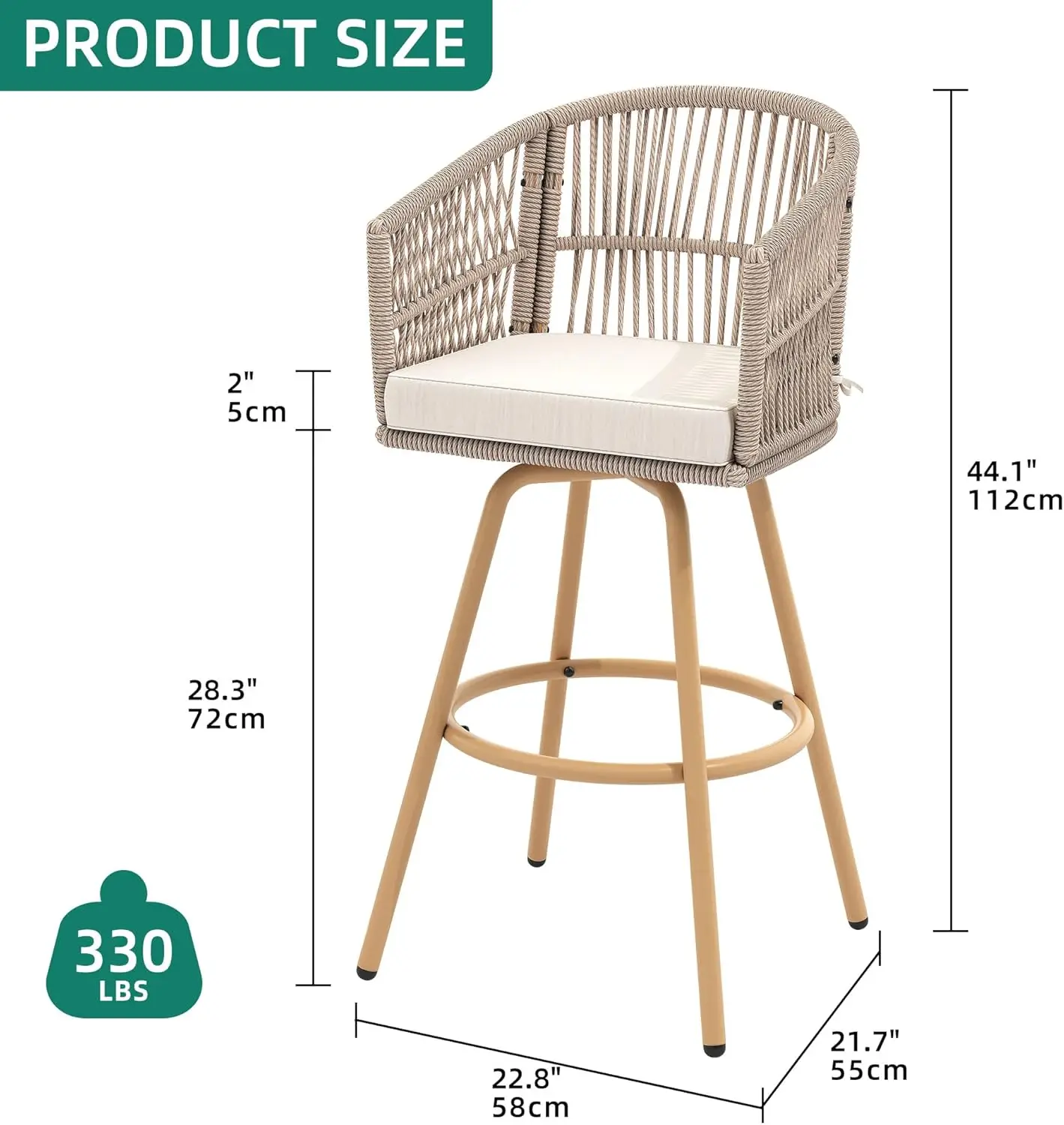 WUNICEF-Chaises de bar en rotin, tabouret de bar avec coussins souples, dossier et repose-pieds, pour l'extérieur