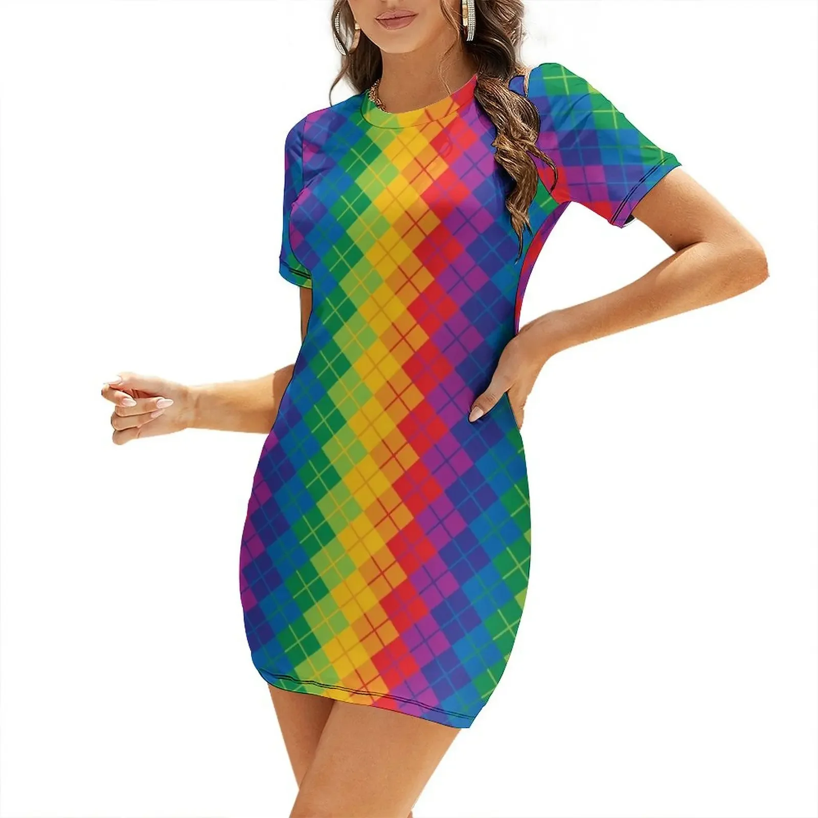 

Rainbow Argyle Short-Sleeved Dress Dance dresses clothes for woman women's luxury party dress summer clothes Dress