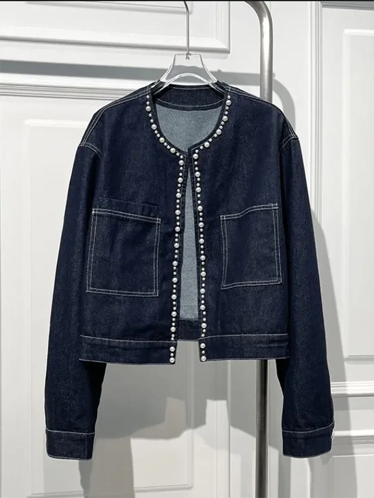 Spring Autumn New Round Neck Pearl Denim Jacket Outwear Women's Single-Breasted Top Line Loose All-Match Jeans Short Jacket Tops