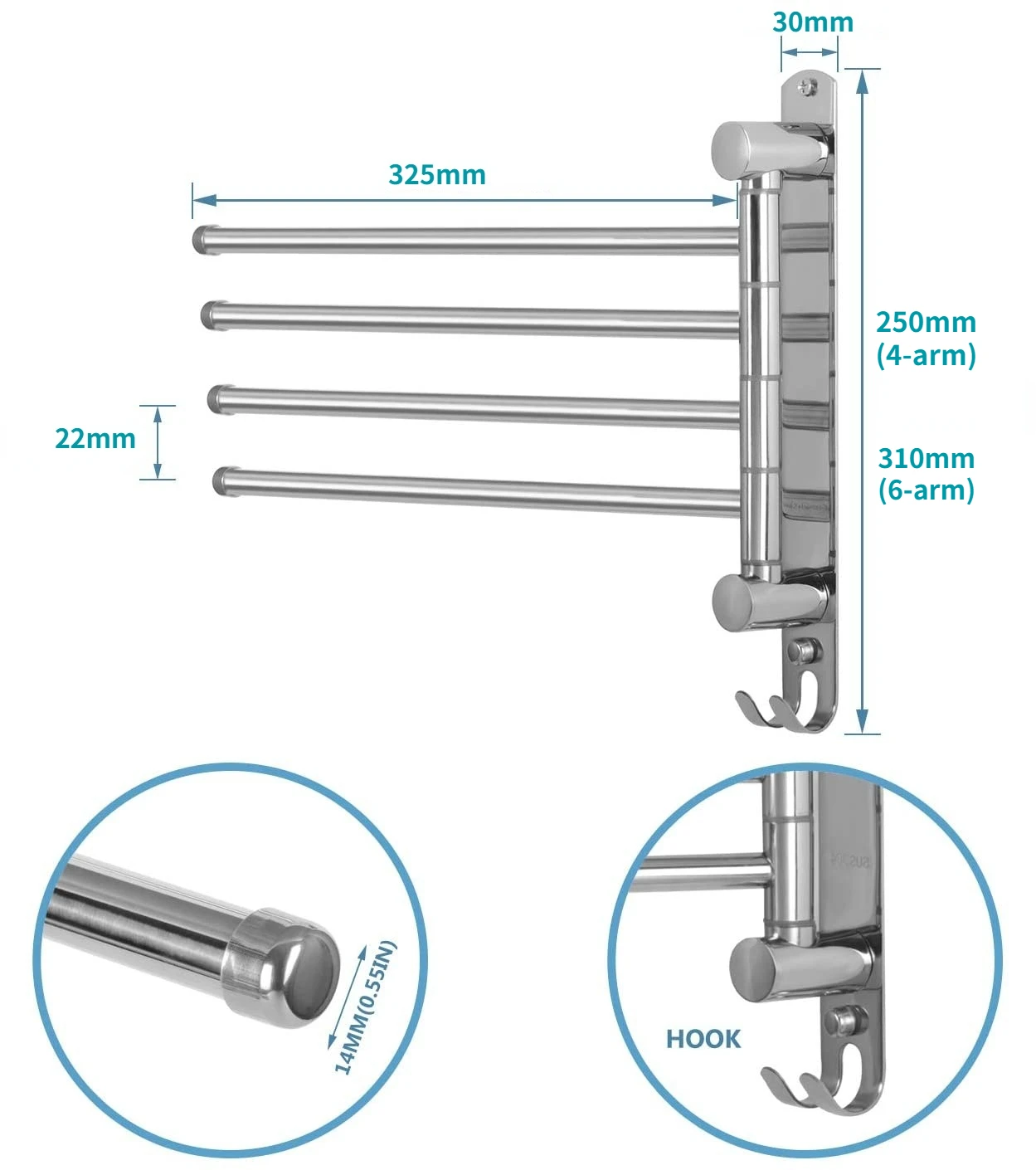 Toalheiros giratórios de aço inoxidável, Toalha Bar, Toalha de banho Holder, Wall Mounted, 180 graus de rotação, 3-6 braços para banheiro