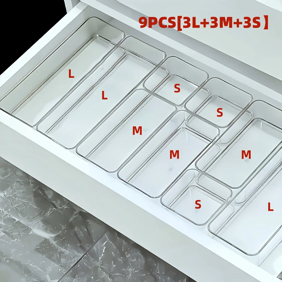 9Pcs Transparent Drawer Storage Boxes 3S+3M+3L Freely Combinable Organizer Set For Home Office Kitchen Vanity Cabinet Storage