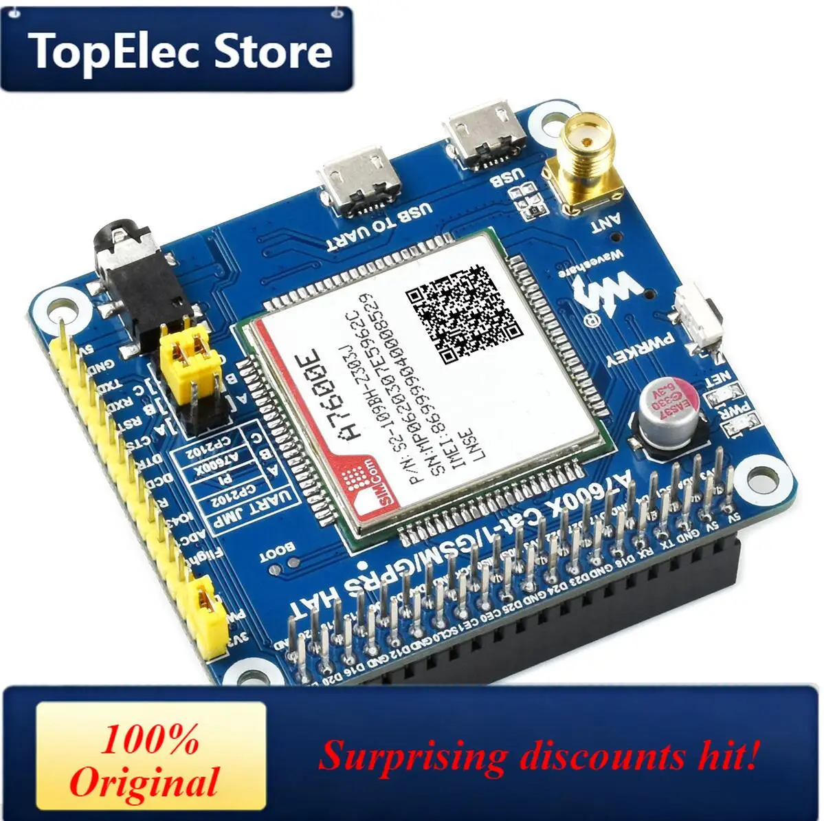 TopElec Waveshare A7600E LTE Cat-1 HAT for Raspberry Pi Low Speed 4G Module 2G GSM GPRS for Southeast Asia West Asia Europe Afri