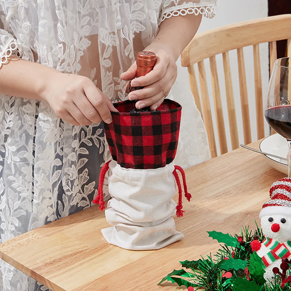 Thermal Sublimation Blank Cotton Linen Plaid Bundle Pocket Wine Bag Storage Bag Drawstring Bag Christmas Decoration