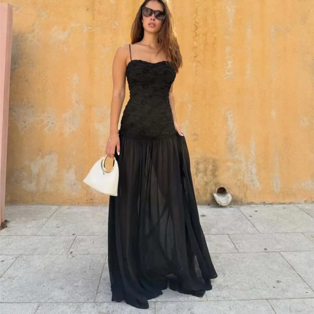 

Three-dimensional Flower Splicing Tube Top Dress For Women Summer New Sexy Suspender Fashionable Long Chiffon Dress Ropa Mujer