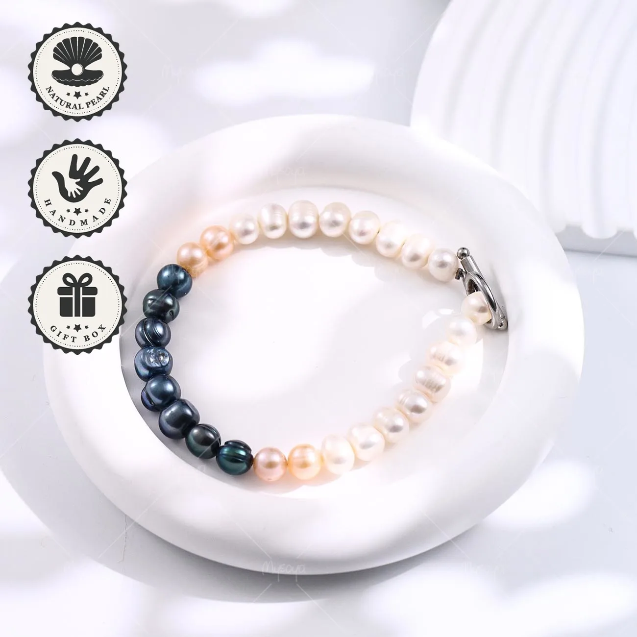 

Браслет Mysoya из смешанного пресноводного жемчуга белого, розового и черного цветов, 7–8 мм, серебристая застежка OT, подарочная коробка, подарок на День святого Валентина, подарок на день рождения для нее