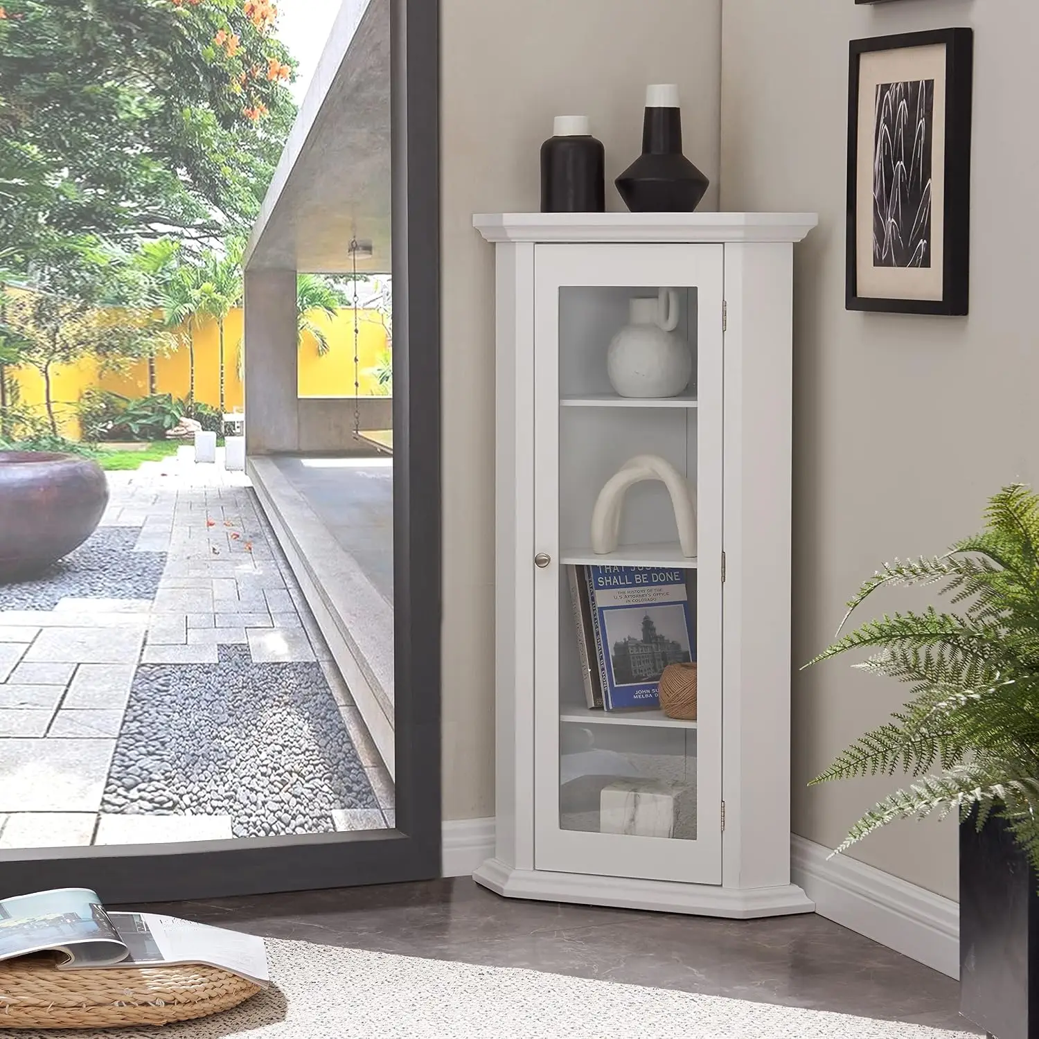 Corner Curio Cabinet w/Glass Door & Shelves, White Display Showcase for Collectibles Décor, Living Room Storage, Customized