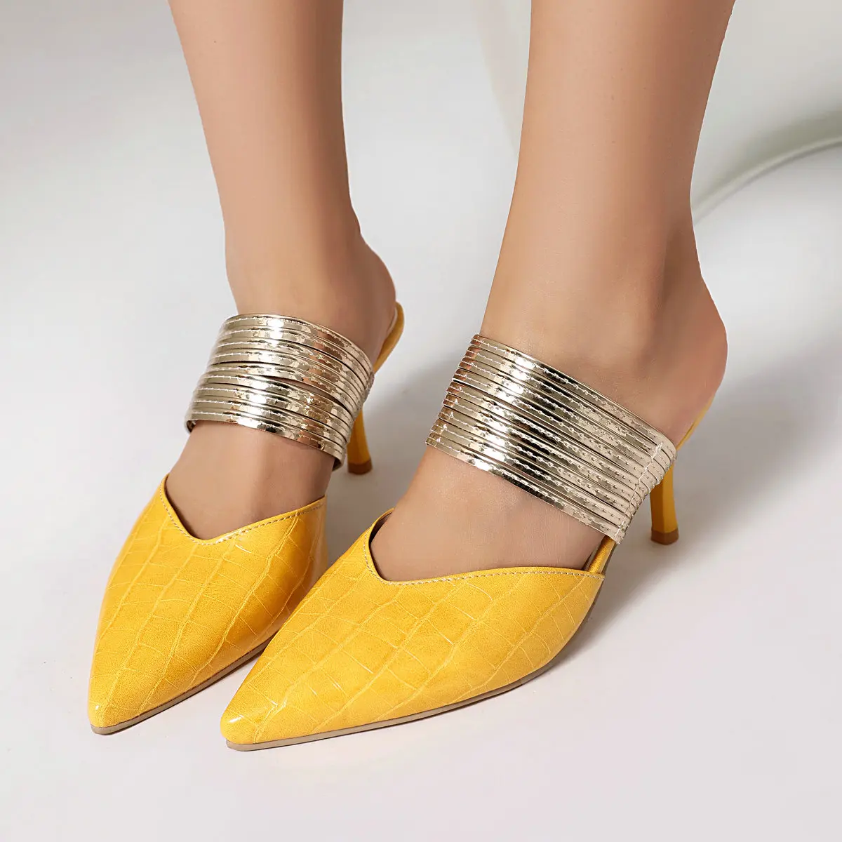 Heeled Mules for Women Dress Sandals Closed Pointed Toe Thin Heels Dress Shoes Slip-on Stacking Rings Decor Casual Daily Wear