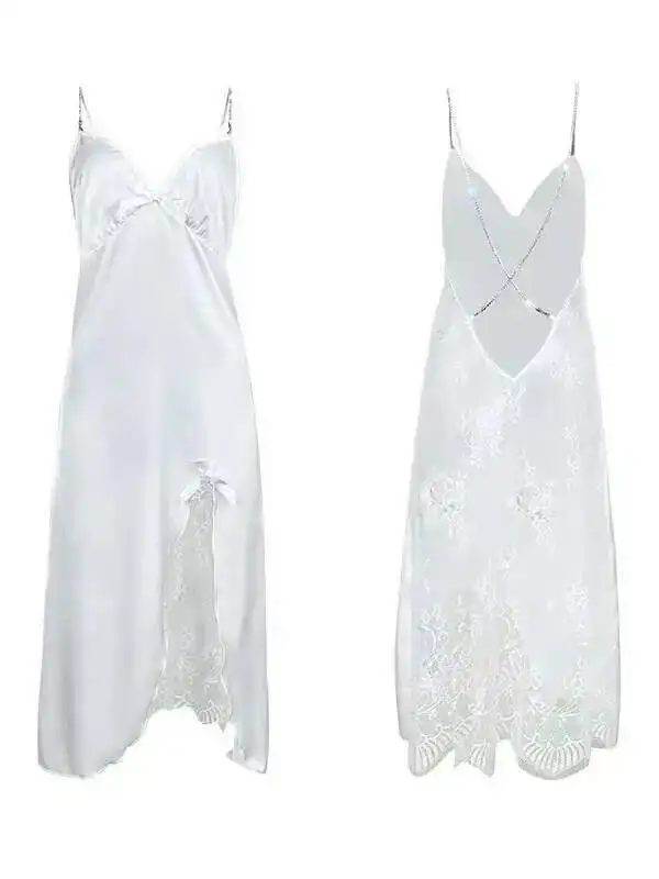 Weiß Nachtwäsche Sexy Lange Nachthemd Frauen Satin Dessous Sommer Neue Homedress Loungewear Pijama Sexy Kleid Elegante Casual LJRN