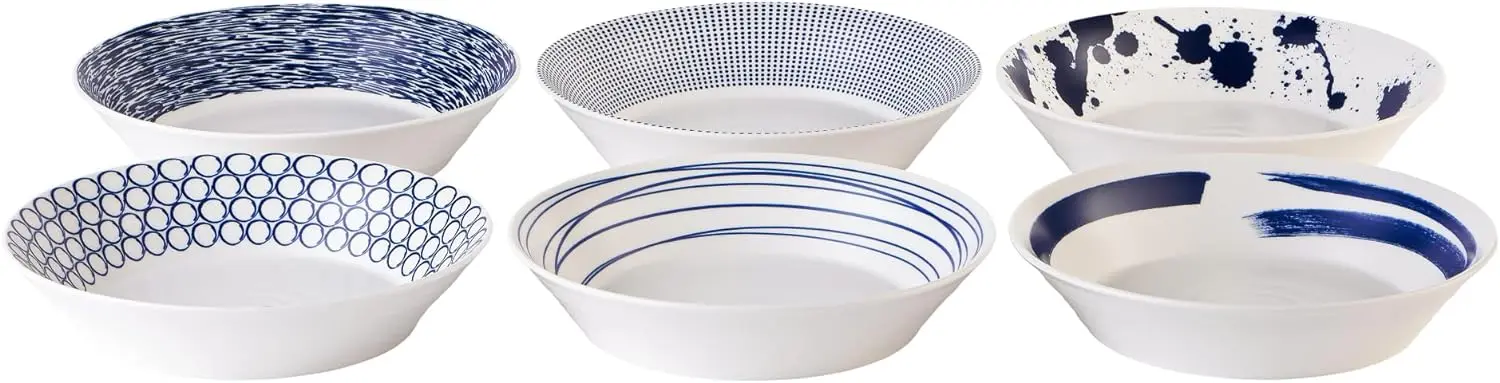 Porcelain Pacific Mixed Patterns Set of 6 Pasta Bowls, 22cm, Blue Dining Table Set  Dish Set