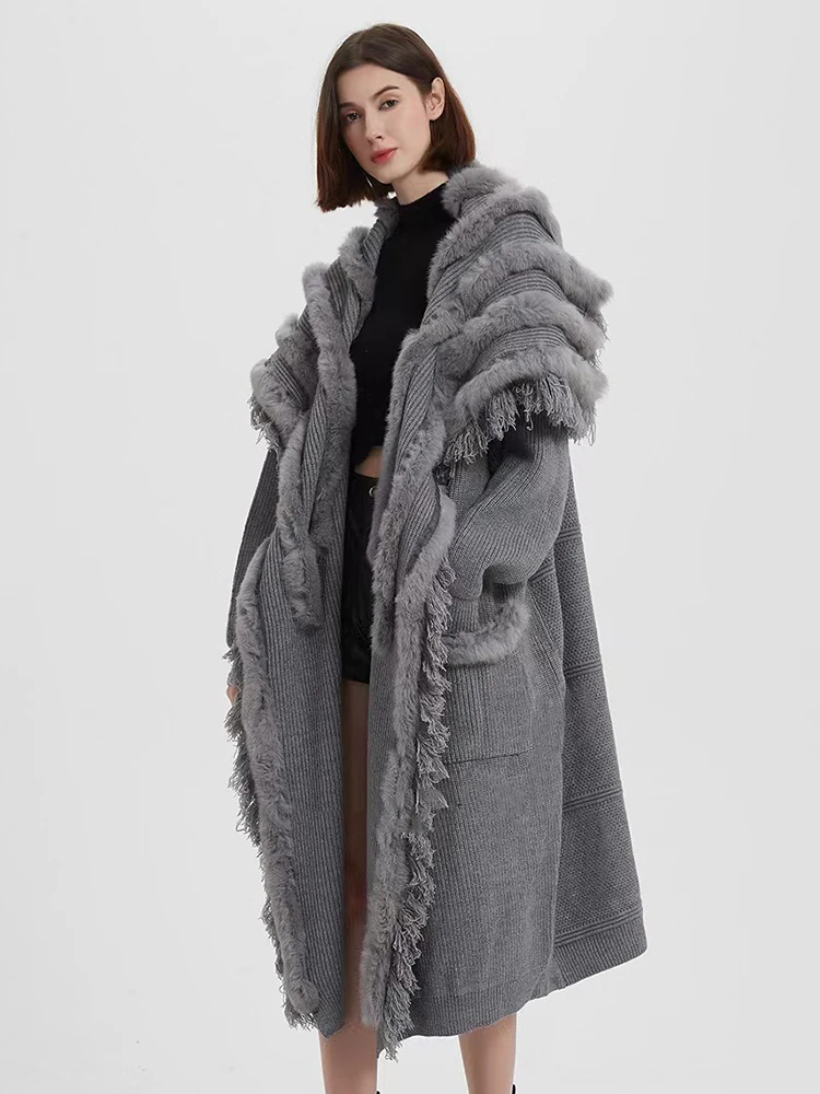 DEAT Fashion Imitation Fox Fur Tassel Knitted Cardigan Women's Big Lapel Loose Long Sweater Coat Winter 2024 New tide 7AB6656