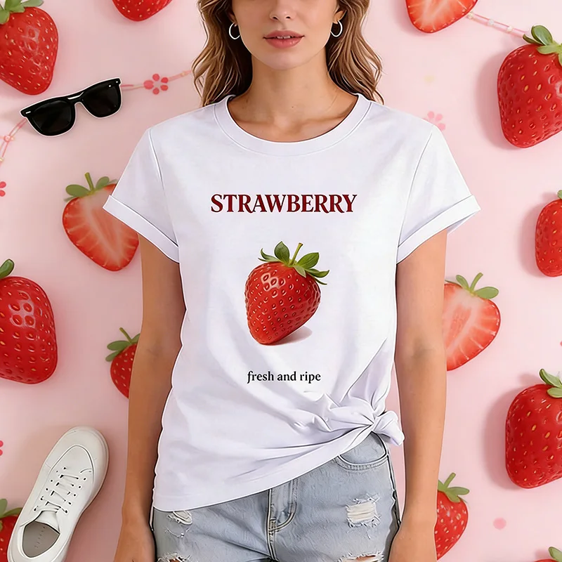 Damen-T-Shirt mit süßem Erdbeer-Print, Frühling, Sommer, Rundhalsausschnitt, kurzärmelig, für Damen, Vintage-T-Shirts, Oberteile, Kleidung