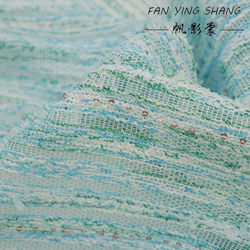 Green Sky Blue White Sequin Tweed Fabric For Coat Dress Telas Para Costura Tissus Couture ткань Cloth Material Sewing Cloth view 4