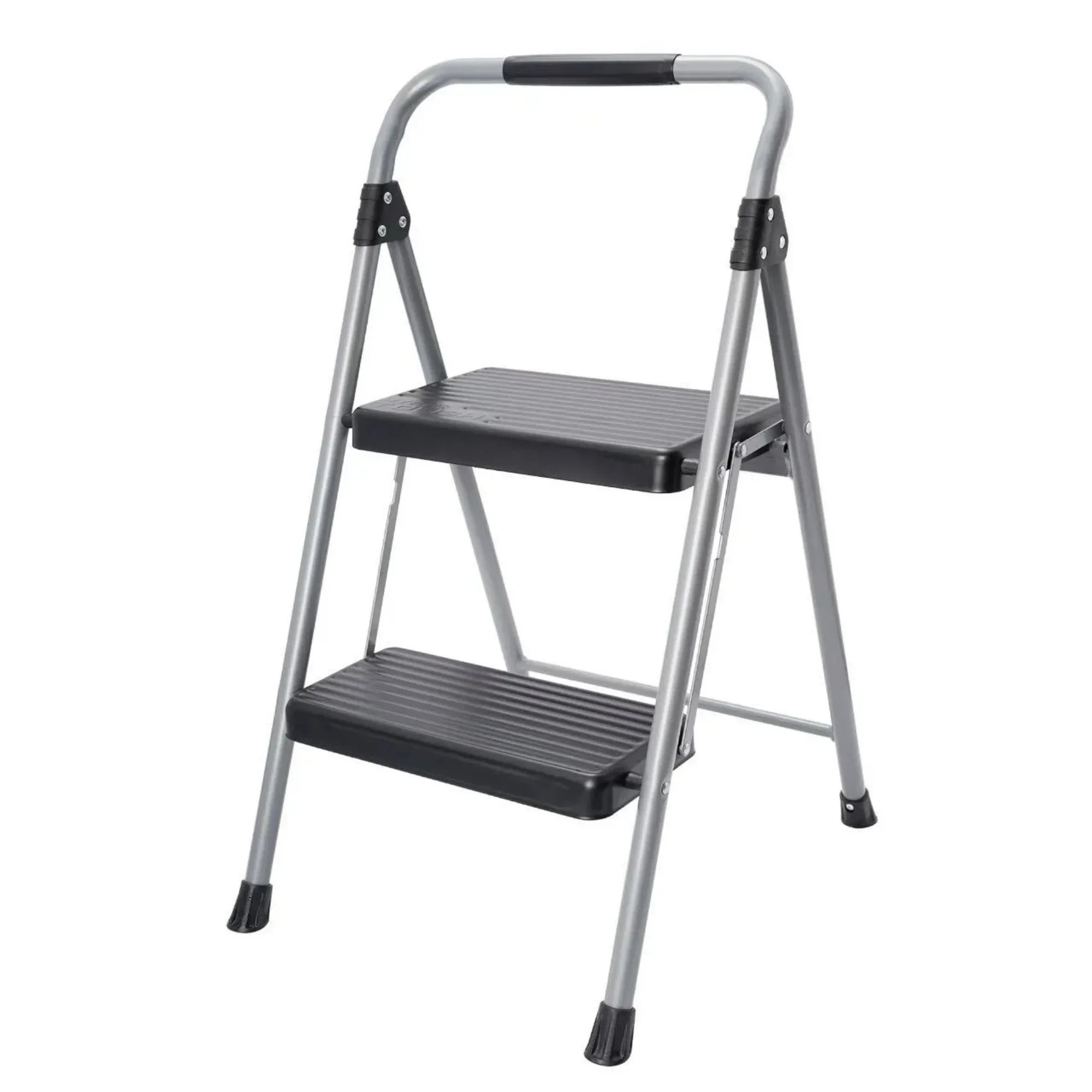Gray and black two-step steel large platform and folding step stool - easy to fold and store
