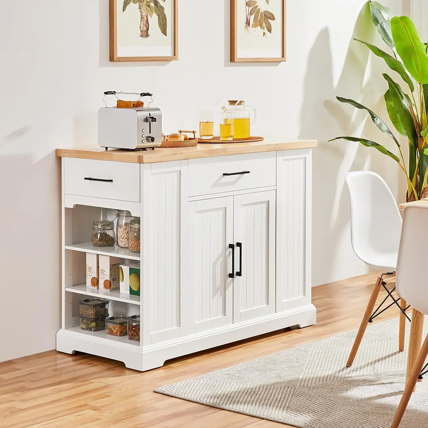 Rolling Kitchen Island Cart with 3 Drawers, Kitchen Storage Cabinet on Wheels with Open Shelves and Inner Adjustable Shelves for