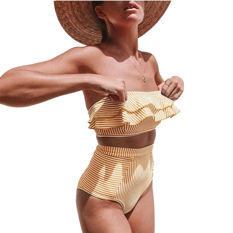 2023 Sexy High Waist Bikini Swimsuit Women Ruffle Swimwear Striped Bikini Set Off Shoulder Bandeau Bathing Suit Summer Beachwear