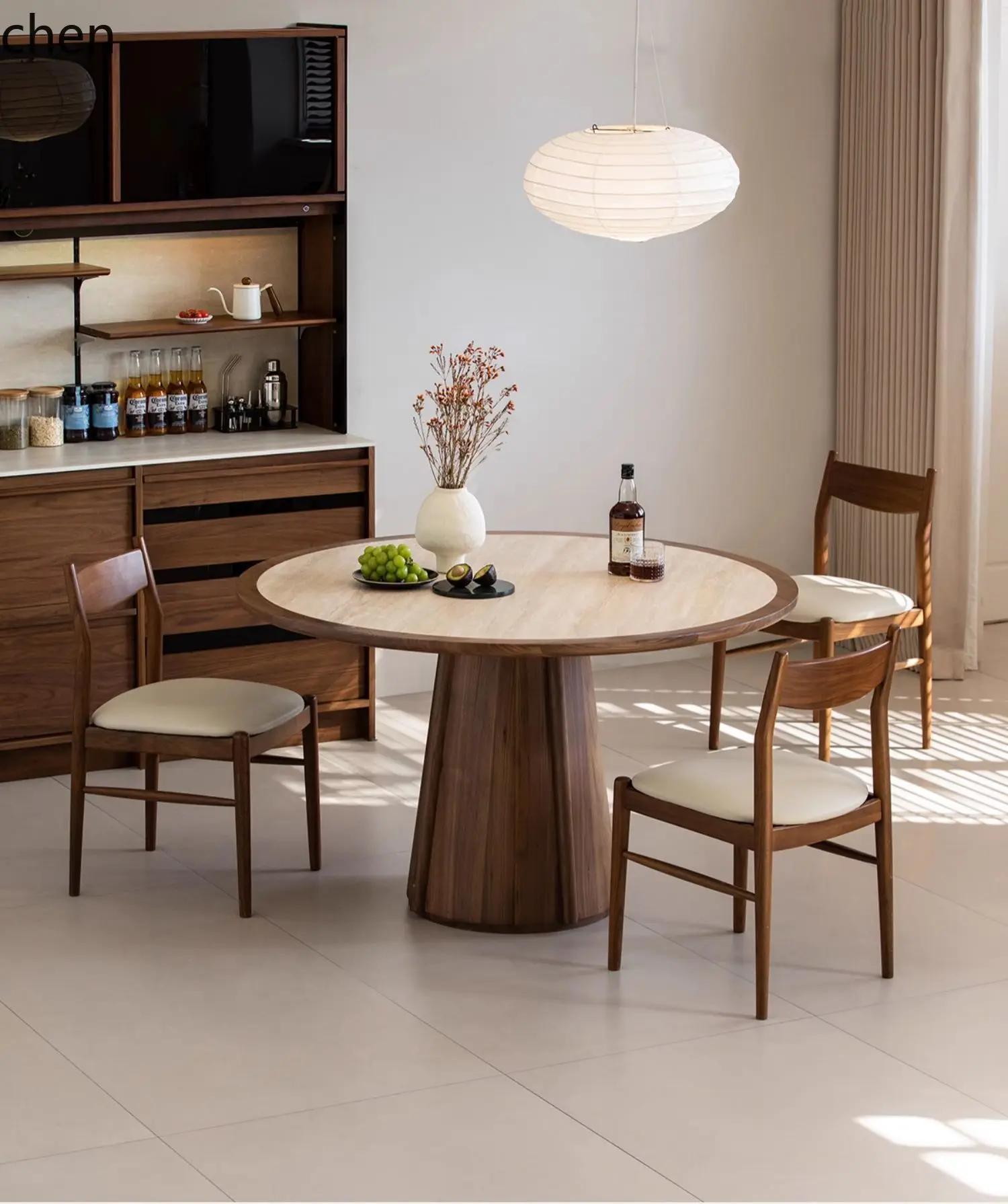 

HXL travertine rock slab round dining table black walnut small apartment dining table round table