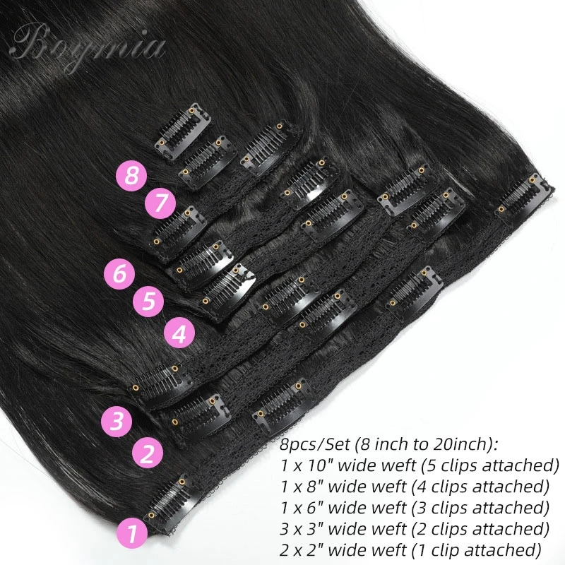 Boymia Straight Hair Clip In Human Hair Extensions Brazilian Remy Natural Color 8pcs/Set Clip in Full Head 120G For Black Women