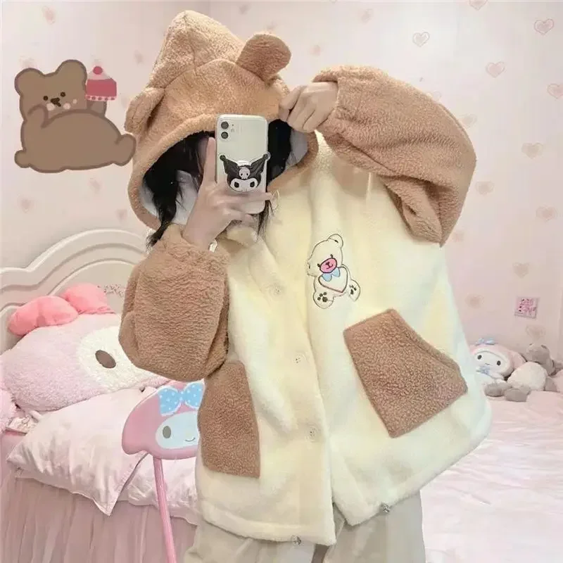 Coats Women Japanese Fleece Outerwear Preppy Style Lamb Wool Hooded Y2k Sweatshirts Contrast Color Jackets Kawaii Bear Print