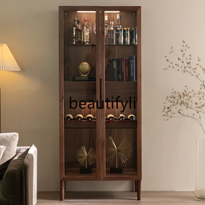

Modern simple black walnut solid wood double door bookcase, living room wine cabinet display, glass storage