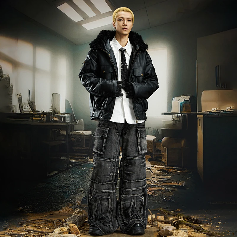 LUZHEN 2025 جديد شخصية سستة الربط فو الفراء مقنعين سترة جلدية الرجال أنيق الأصلي الشارع الذكور معطف مبطّن JY5300