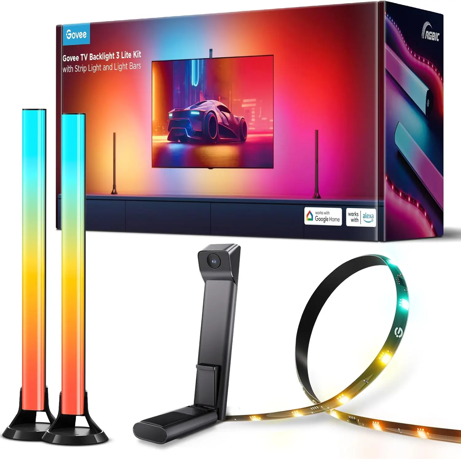 

11.8ft RGBICW Wi-Fi TV LED Strip Lights with Camera and Smart Light Bars for 55-65in TVs, Works with Alexa & Google Home