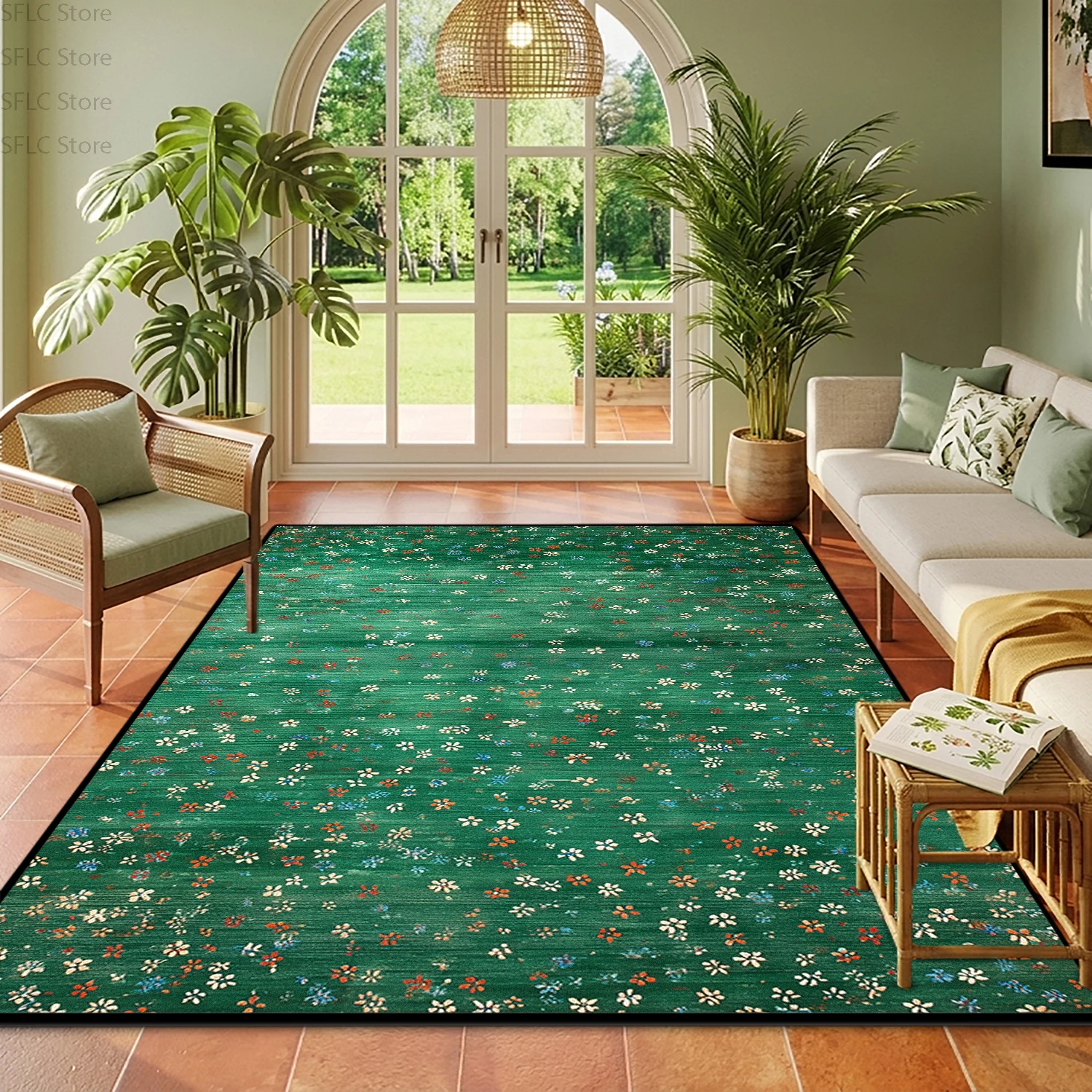 Warm-toned Green Pastoral Style Lounge Carpet Cute Room Decor Washable Short Velvet Rug Large Area Non-slip Coffee Tables Mats
