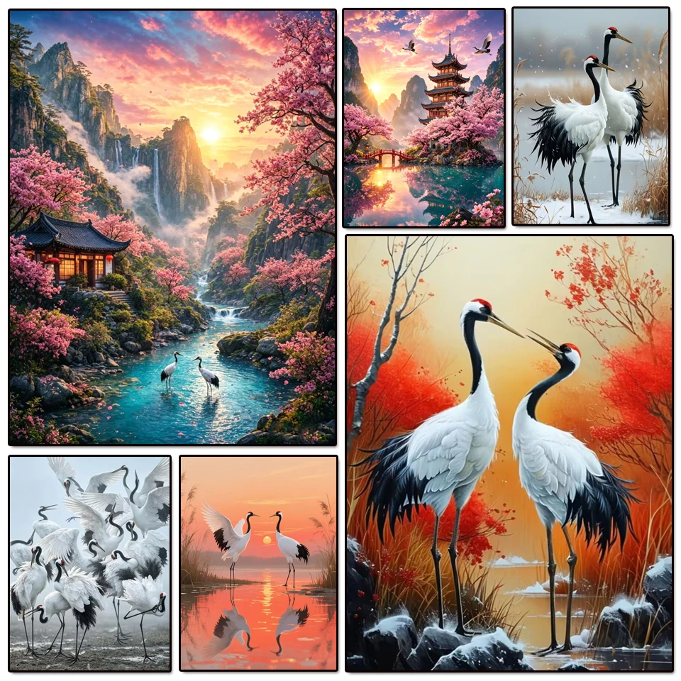 5D DIY Diamond Painting Sticker Cherry Blossom Mountain Lake Red Crowned Cranes Scenery Diamond Embroidery Home Wall Art Decor