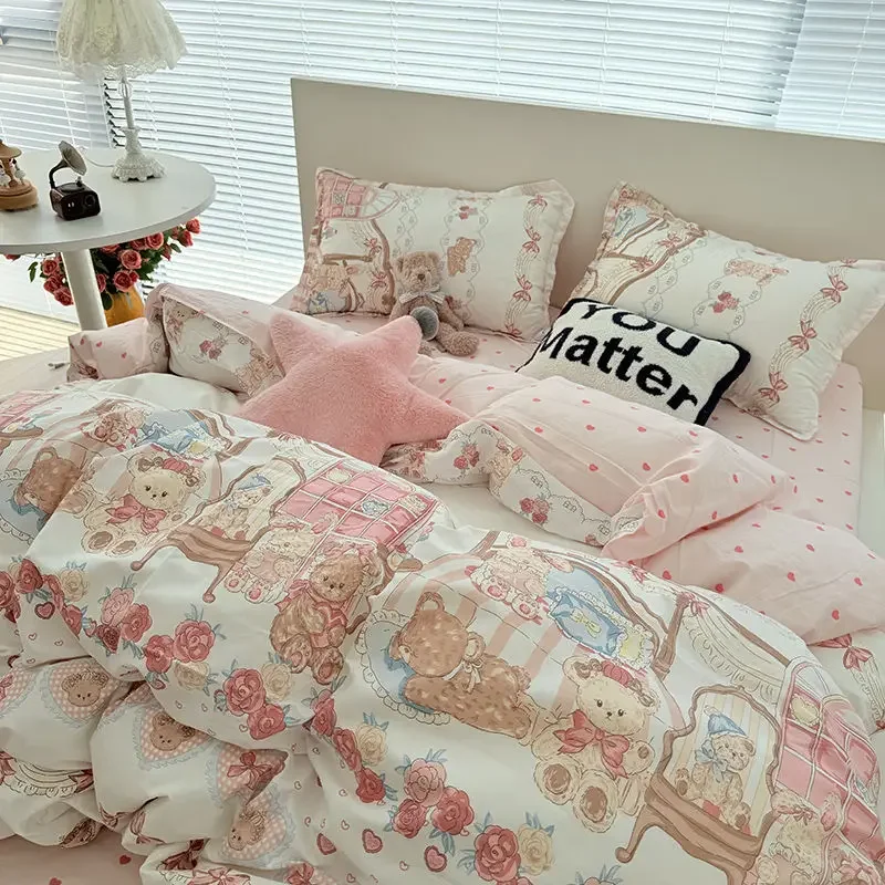 Korean Pink Bedding Set No Filler Ins Kawaii  Bear Floral Bed Sheet Duvet Cover Pillowcases Full Queen Size Kids Girls Bedspread