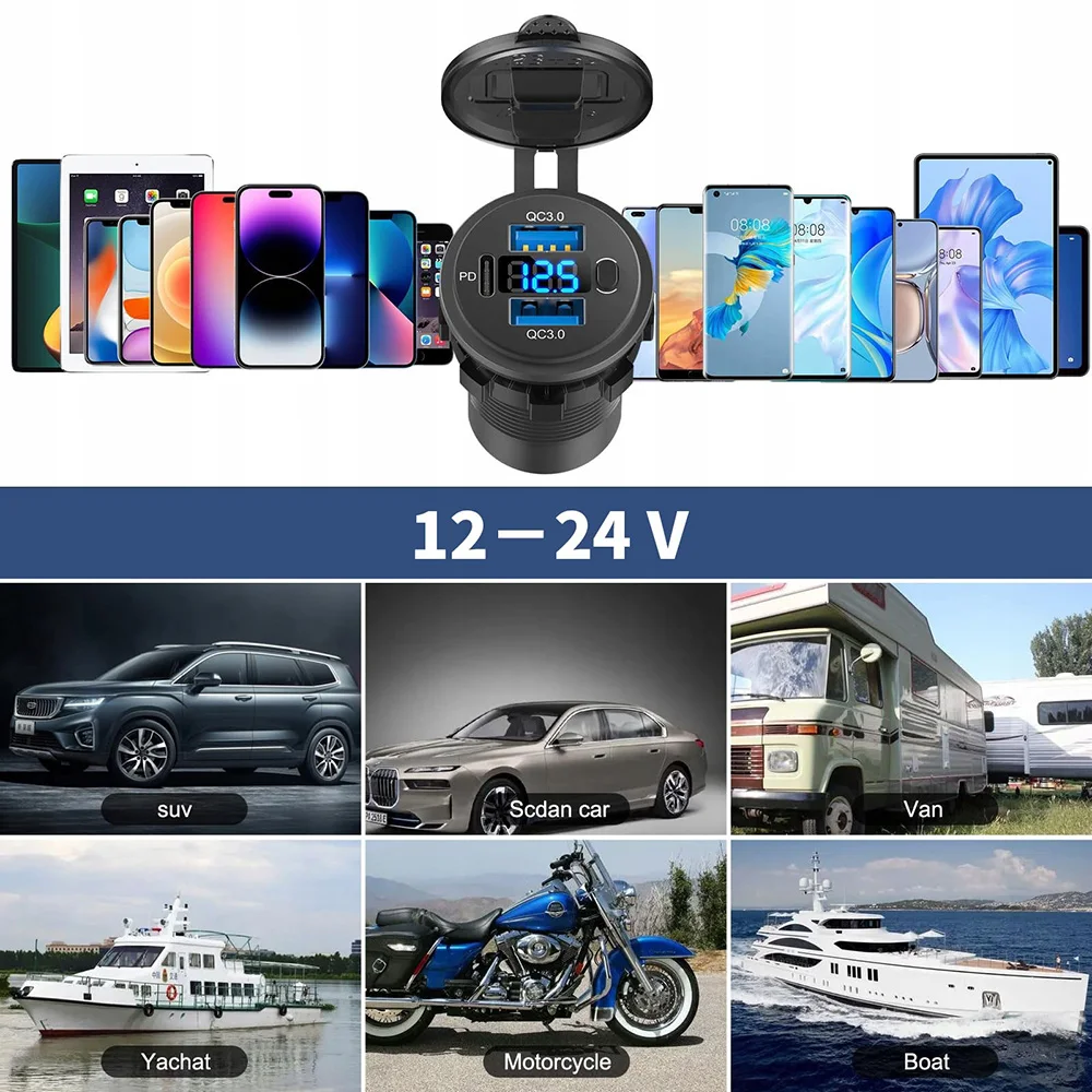 12V USB-Steckdose mit Dual-USB Quick Charge 3.0 Anschluss & PD USB-C Autoladegerät mit Voltmeter und Schalter für Auto, Boot, Marine, LKW – Detail 11