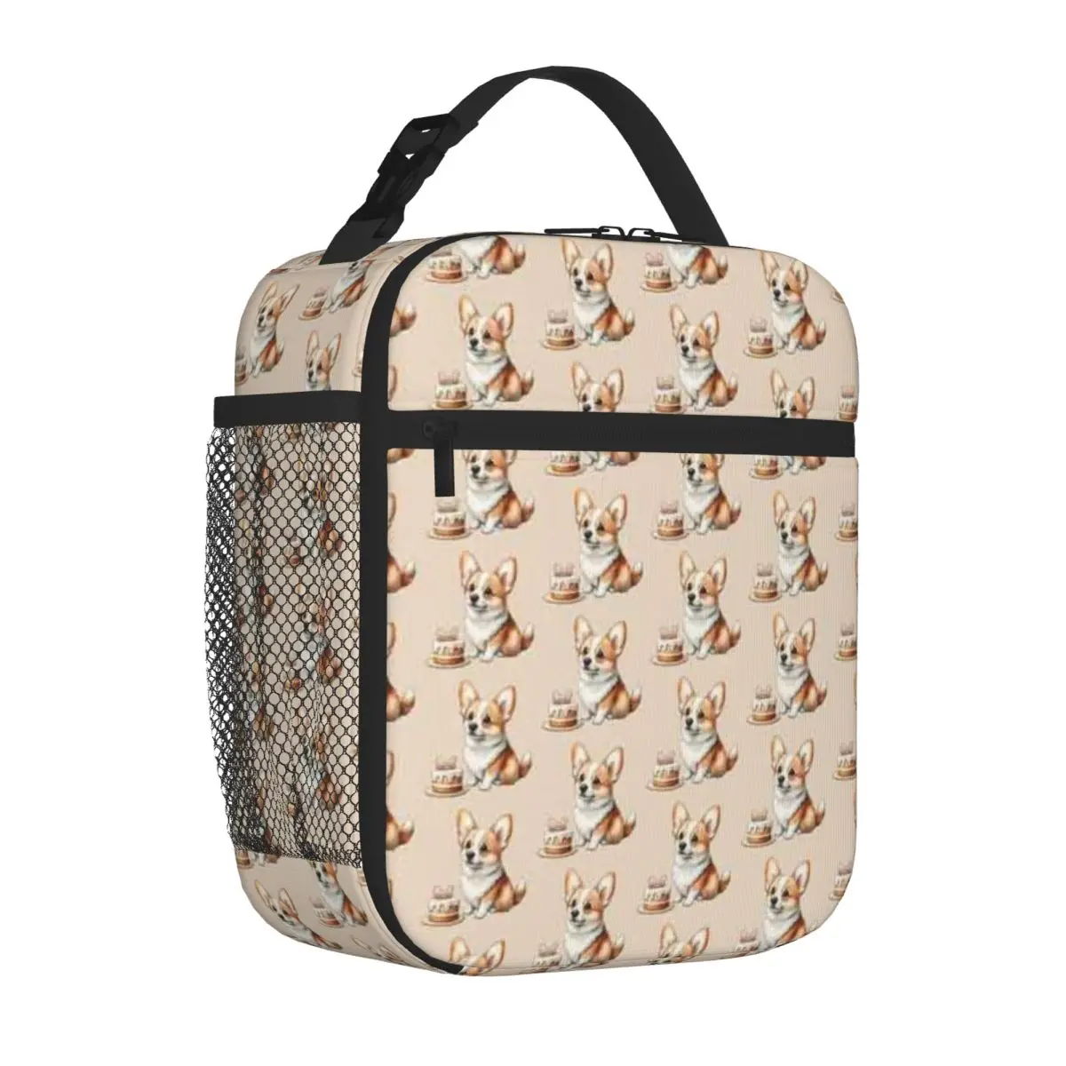 Bestselling Corgi Puppy With Birthday Cake Canvas Texture Adjustable Strap Lunch Bag Kindergarten Snack Lunch Box Bag