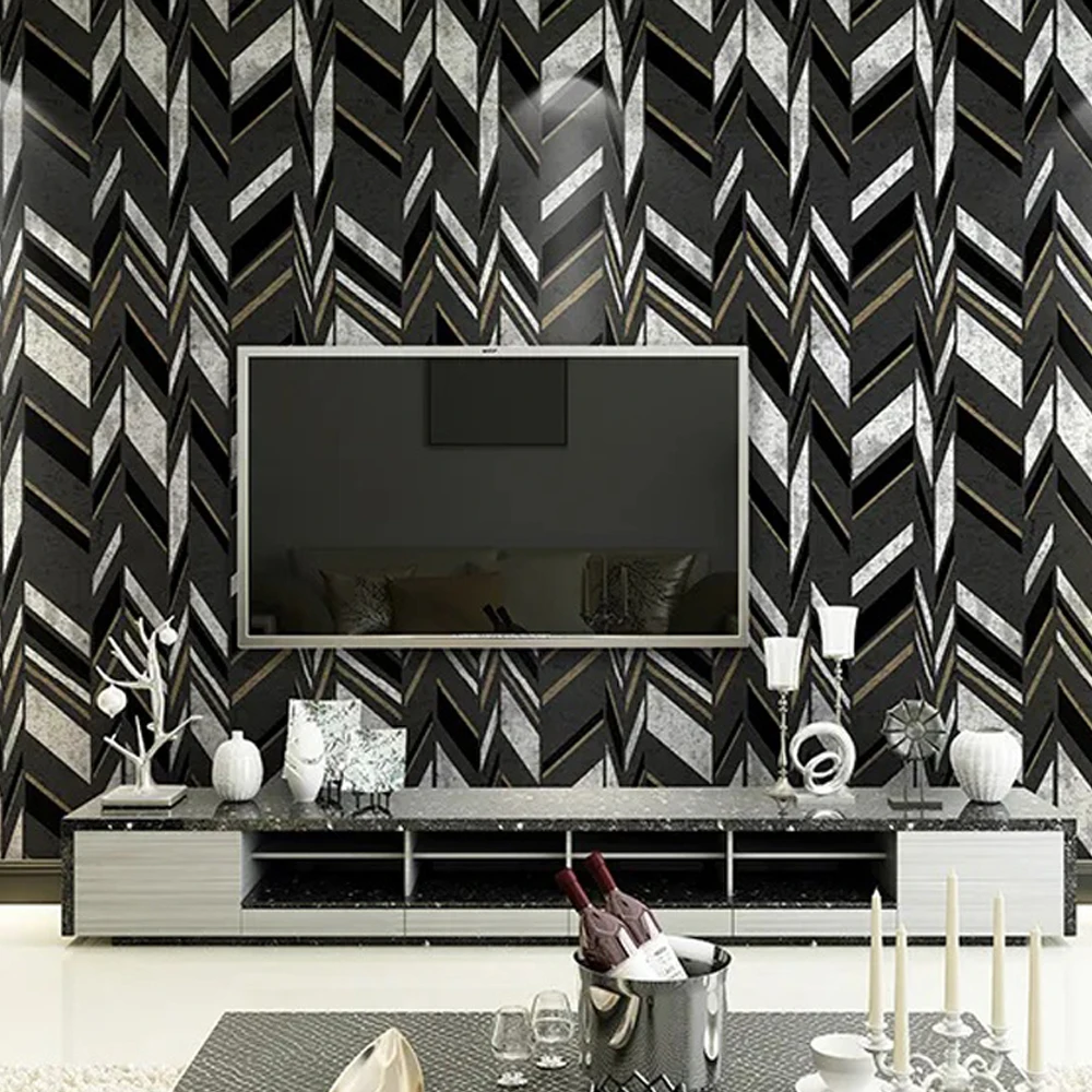 

Modern Abstract Geometric Wallpaper Non-Woven Black White Herringbone Striped Wallpaper Living Room Bedroom Обои