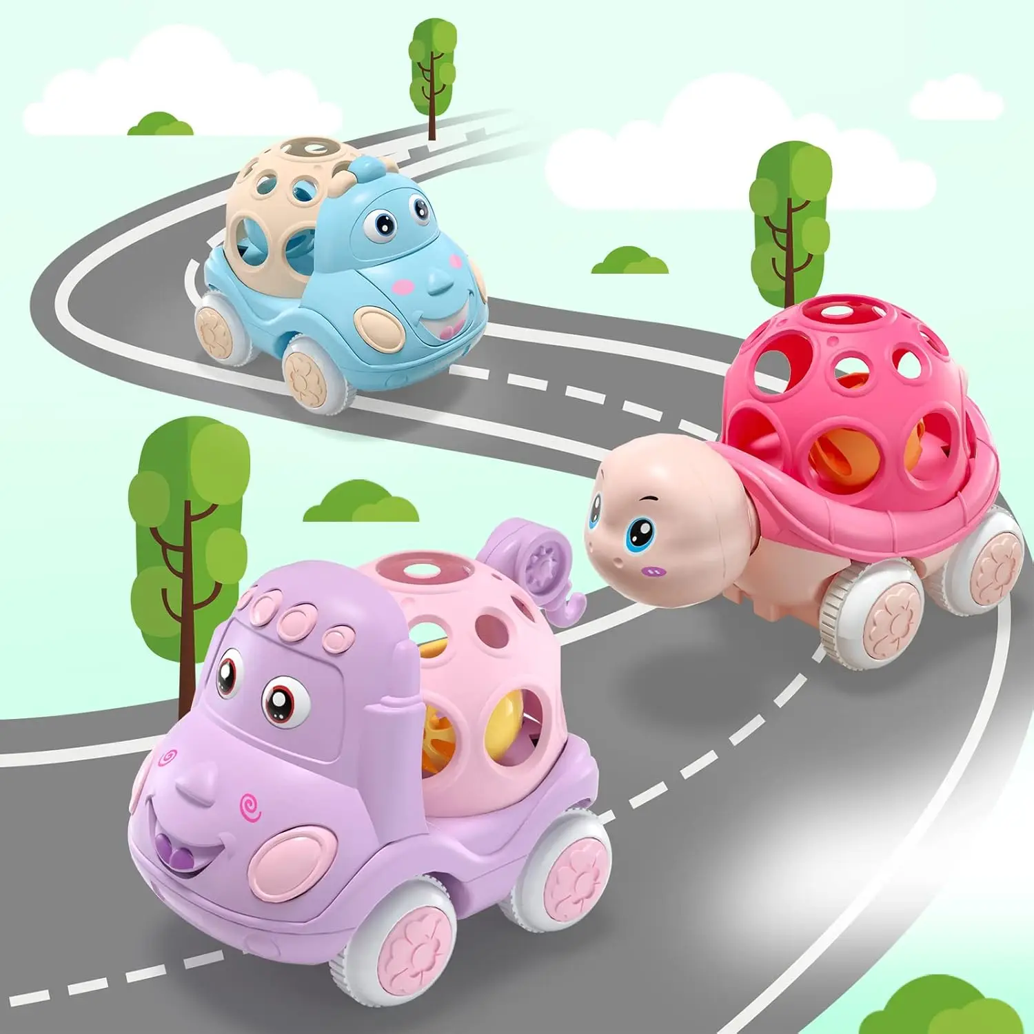 Baby Car Toys for 1 Year Old Girl Boy Pink Rattle Push Cars and Go Friction Powered Cars Soft Rattles For Babies Birthday Gifts