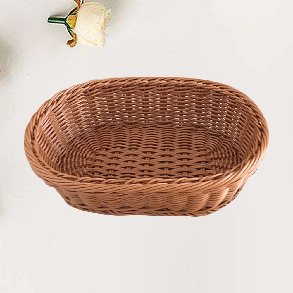 

1pc Fruit Vegetable Basket Imitated Rattan Woven Oval Storage Organizer Multi-Use Desktop Basket For Kitchen Bathroom Hotel