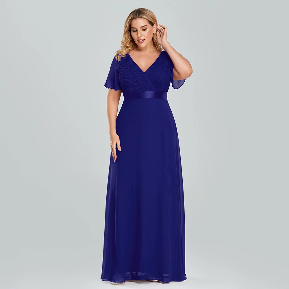 Plus Size Evening Dresses Long XUCTHHC Elegant A Line V Neck Ruffles Chiffon Formal Wedding Party Dress Robe De Soiree 2021