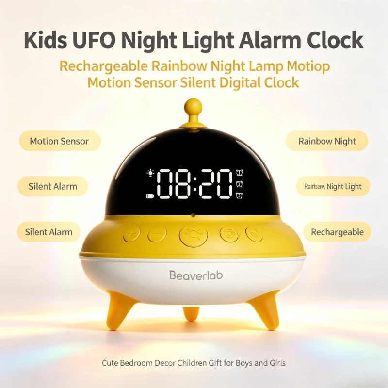 UFO Motion Sensing Night Light Digital Alarm Clock Rechargeable Rainbow Lamp Silent Cute Kids Bedroom Decor Children Gift