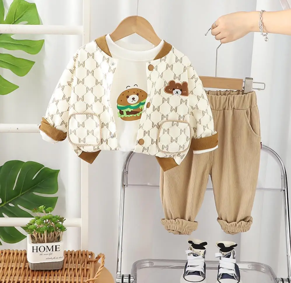 

Toddler Boutique Outfits Spring Autumn Cartoon Print Baseball Jacket+T-shirts+Pants 3Pcs Baby Kids Sets Children Boys Clothing