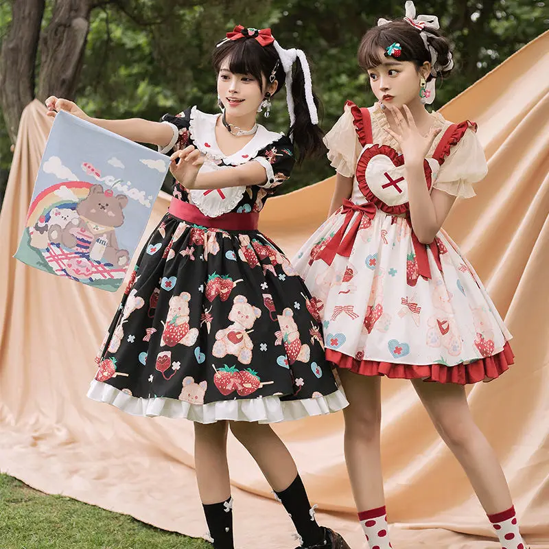 SOIOMES diseño Original dulce fresa oso impreso Lolita muñeca cuello borde con volantes JSK vestido de tirantes verano