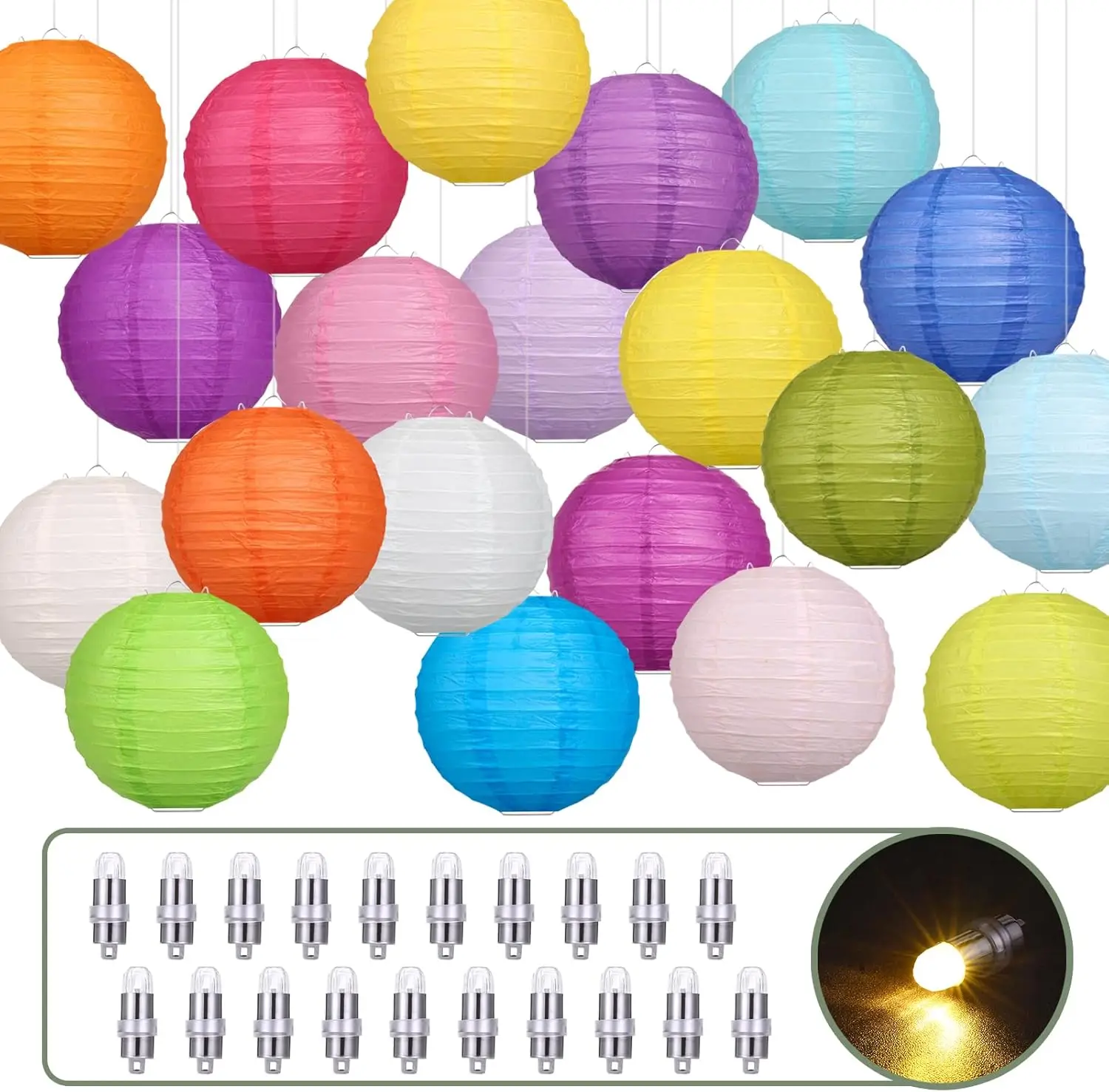 

20 Pcs Colorful Paper Lanterns with LED Lights, Hanging Chinese Decor for Parties Weddings Birthday (8 Inches)