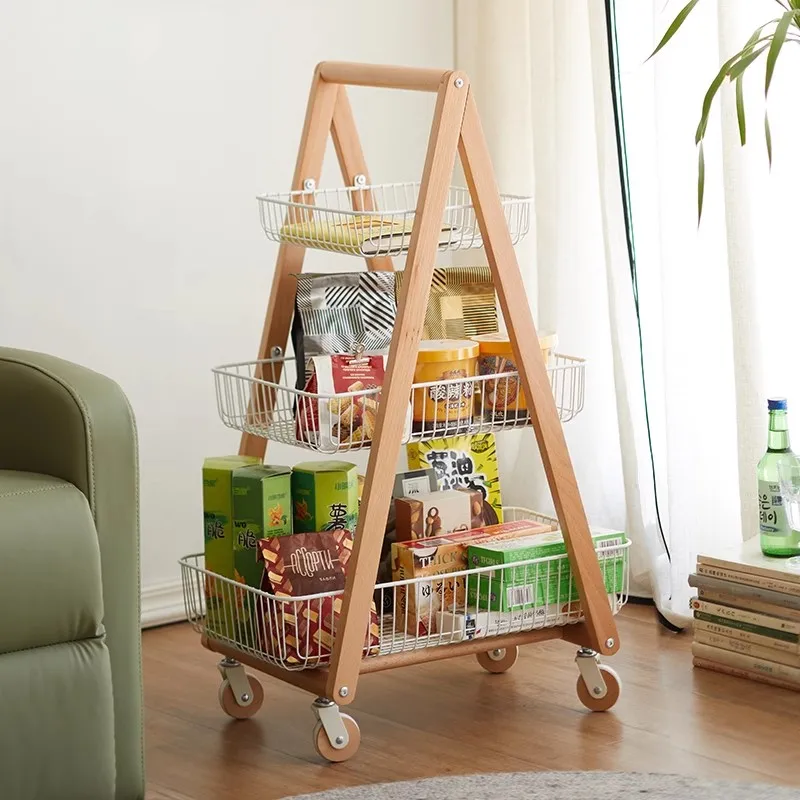 Solid wood household trolley living room movable storage snack rack storage rack multi-layer storage rack finishing rack