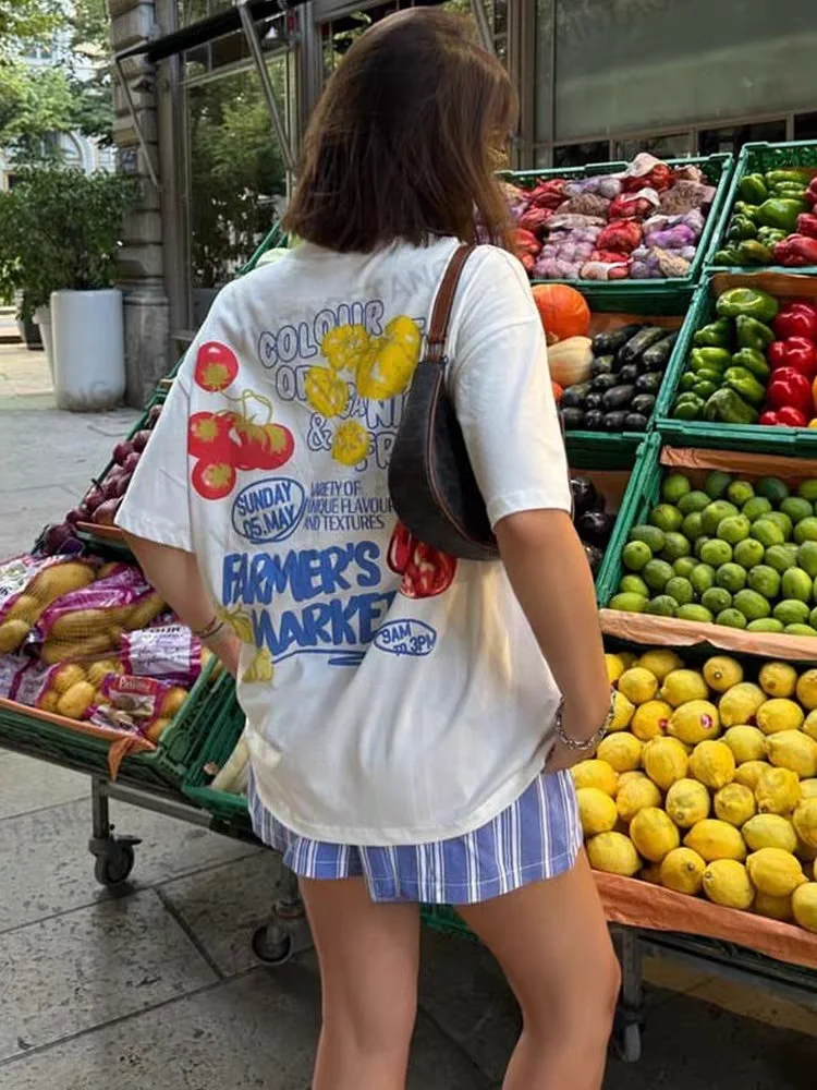 JHYF American Retro Vintage Hand-Drawn Graffiti Fun Fruit Print Spicy Girl Short Sleeve T-Shirt Women Oversize Cotton round Neck