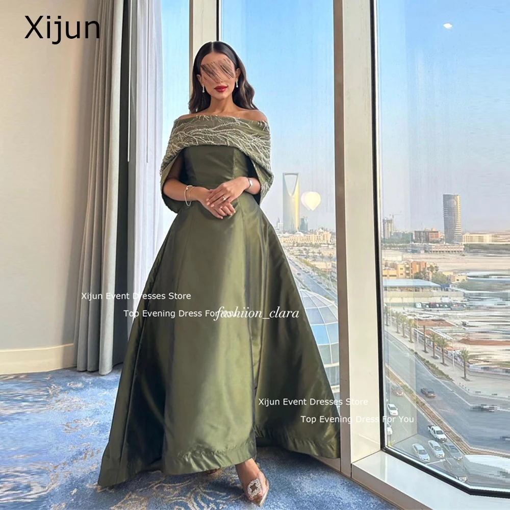 Xijun Green Satin Luxury Evening Dresses Boat Neck Beads Prom Dresses Prom Gowns Saudi Arabric Dubai Prom Gowns Long Party Gown