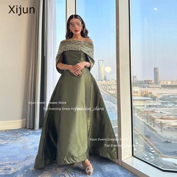 Xijun Green Satin Luxury Evening Dresses Boat Neck Beads Prom Dresses Prom Gowns Saudi Arabric Dubai Prom Gowns Long Party Gown