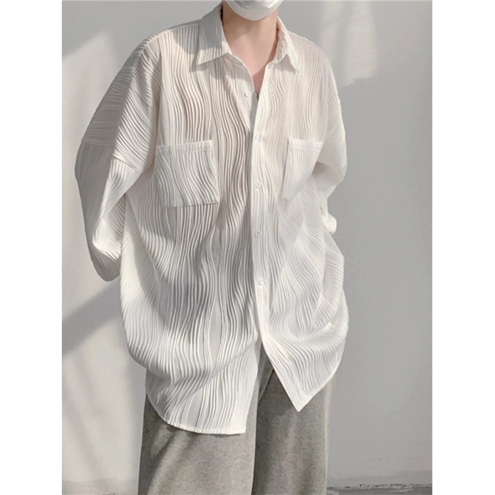 

Очень большая мужская свободная верхняя одежда 300 Pou Hong Kong Sle Textured irt Long Sve, осенняя трендовая полиэфирная ткань